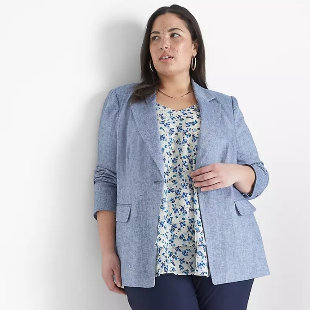 Lane Bryant Chambray Linen Blazer 20 Notch Collar Preppy Office Work Career Wear